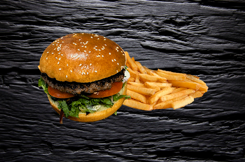 Burger med pommes frites fra Dinos Diner